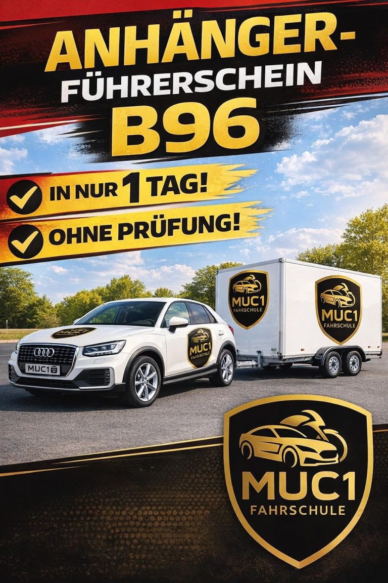 Fahrschule MUC1 B96 Führerschein Auto mit Anhänger für den B96 Führerschein mit MUC1 Fahrschule.